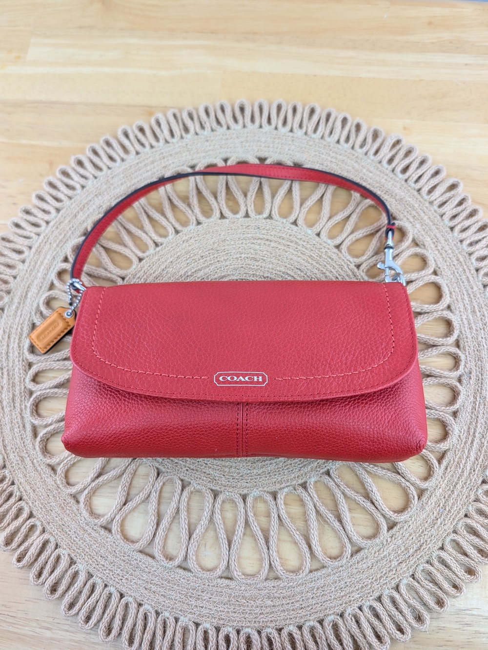 Coach Park F49177 Red Soft Pebbled Leather Large Flap Wristlet Clutch Purse Bag